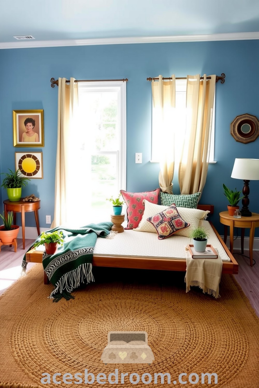 Cozy Boho Blue Bedroom featuring soft blue walls, a low wooden bed with patterned throws, unique side tables, potted greenery, and warm lighting, designed for a relaxing and inviting atmosphere. Explore ideas for your home on acesbedroom.com.