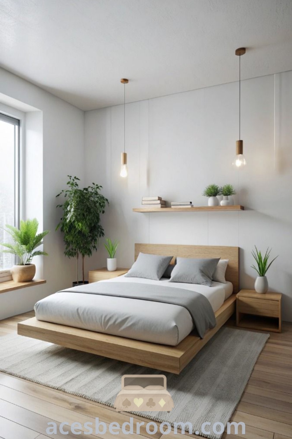 A minimalist bedroom featuring a cozy bed frame next to a window with potted plants creates a serene and inviting atmosphere. This design showcases ideas for inspiration, promoting a warm and colorful aesthetic. Explore more cozy decor ideas at acesbedroom.com.