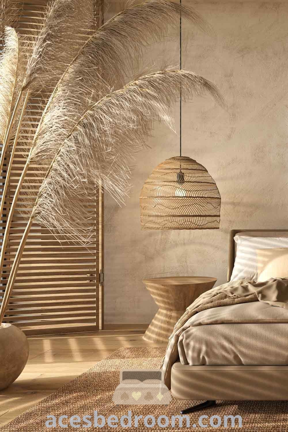 A boho bedroom with a cozy bed and a tall plant, showcasing trendy bohemian decor and modern interior design ideas for a warm and inviting atmosphere. This image from acesbedroom.com illustrates stylish decor inspirations perfect for creating a cozy home environment.