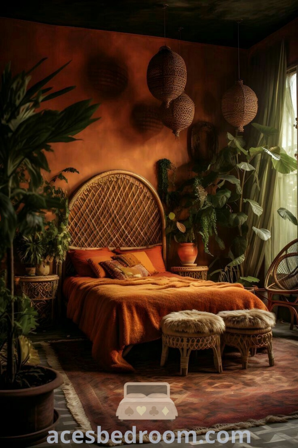 A bohemian bedroom showcasing a canopy bed beside a vibrant plant-filled wall with potted plants, featuring eclectic decor ideas and orange accents. This cozy and artistic space provides inspiration for those looking to enhance their home decor. Discover more ideas at acesbedroom.com.