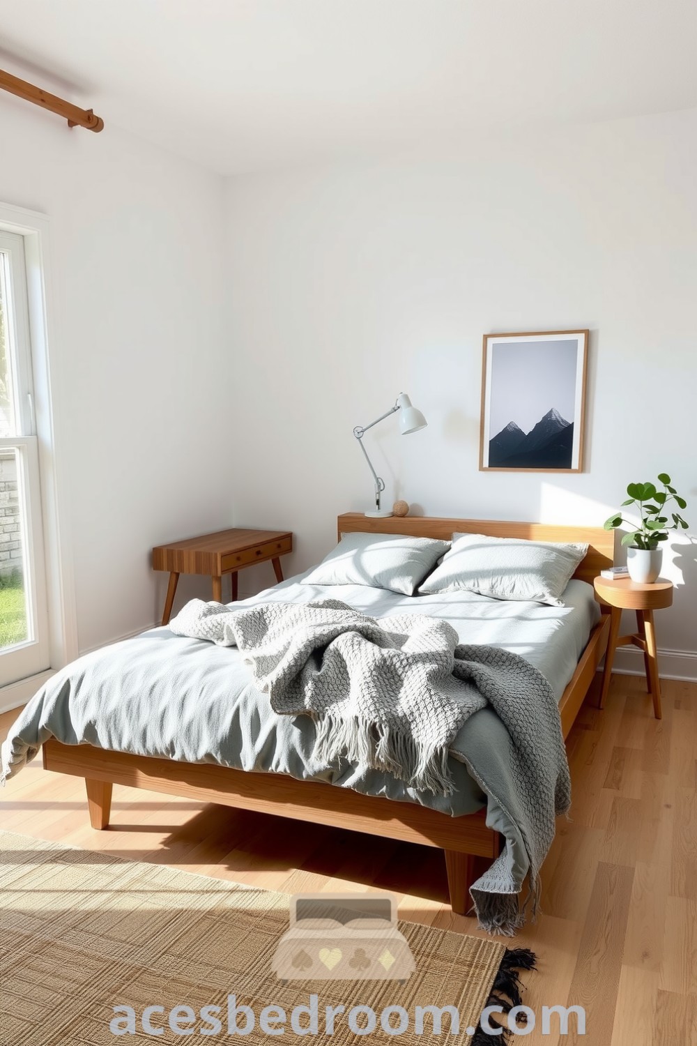 Cozy Scandinavian bedroom featuring soft white walls, natural wood accents, a low-profile bed with gray linens, minimalist decor, and a jute rug, designed for tranquility and warmth, showcased on acesbedroom.com.
