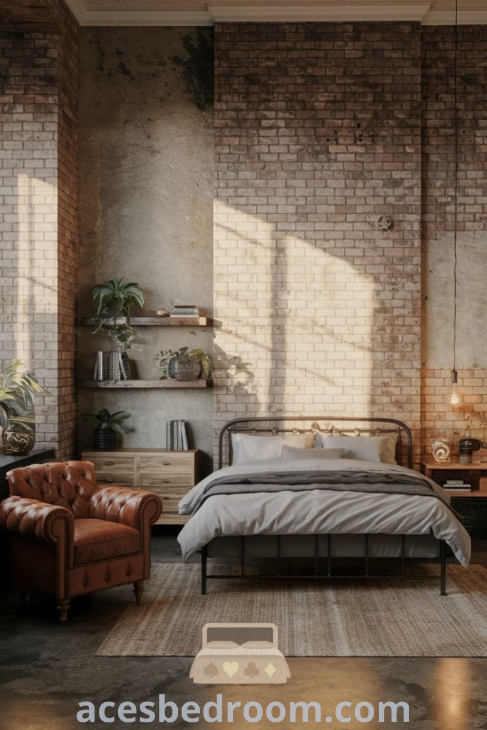 An industrial bedroom showcasing brick walls, leather furniture, and a centrally placed bed. This masculine minimalism design is perfect for small apartments and inspires unique ideas for warmth and sophistication. Explore more design ideas for your haven at acesbedroom.com.