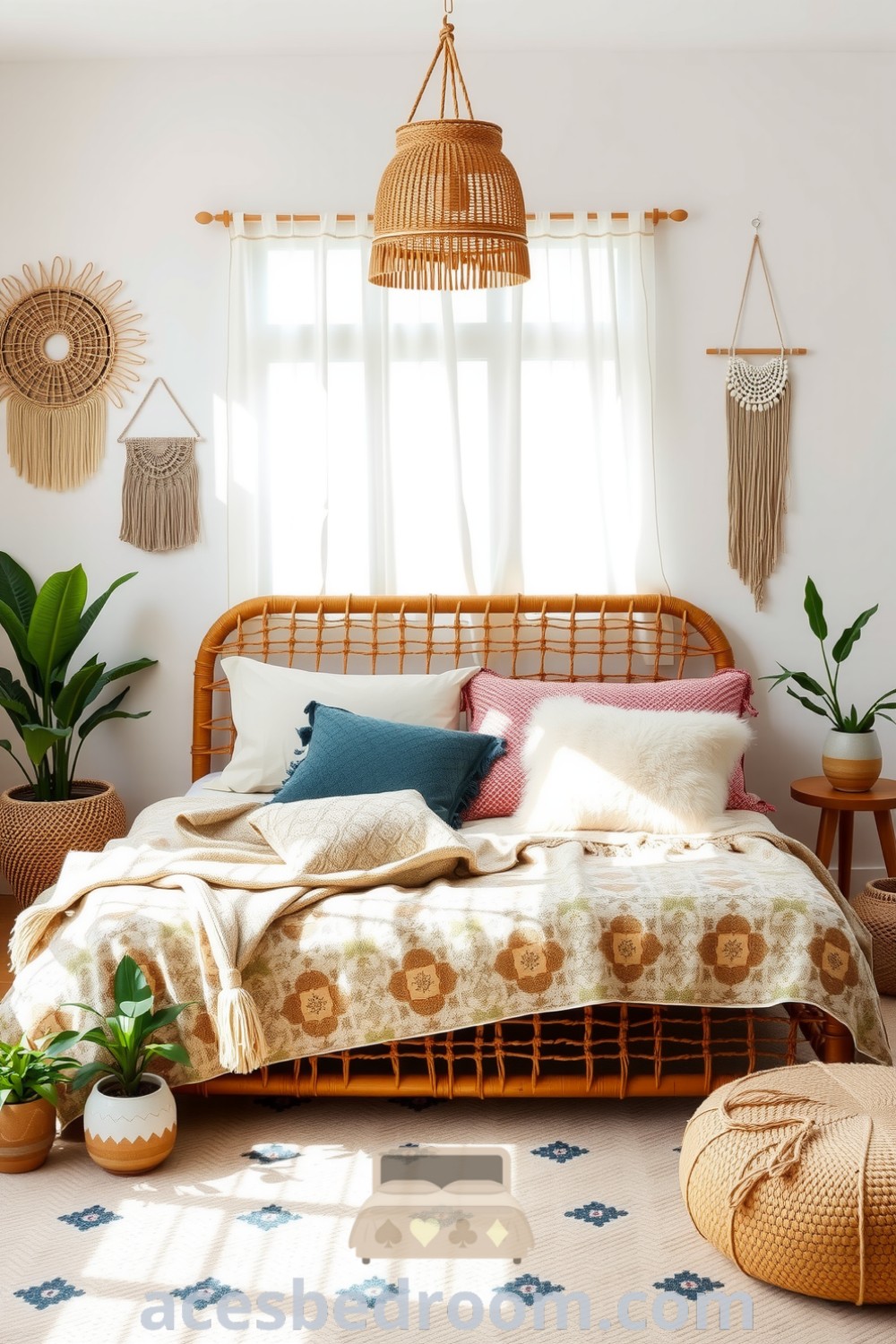 Cozy boho bedroom featuring a rattan bed with layered blankets and oversized pillows, complemented by potted plants and macramé wall hangings, designed to inspire relaxation and tranquility, showcased on acesbedroom.com.