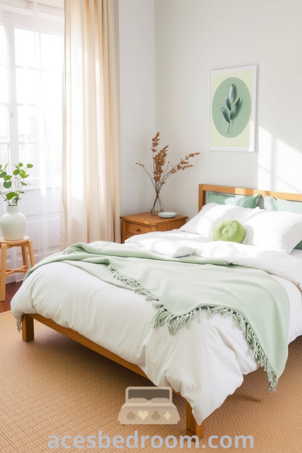 Cozy Japandi bedroom featuring a tranquil green palette, minimalist wooden elements, soft linens, textured throws, and sheer curtains, designed for relaxation and harmony, showcased on acesbedroom.com.