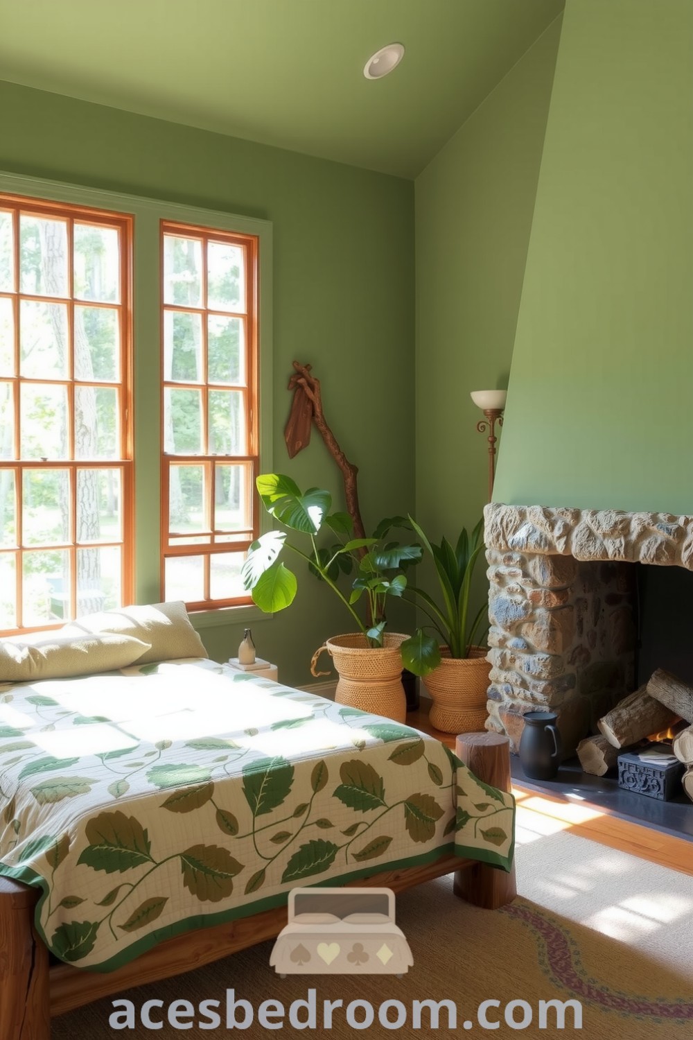 Cozy nature-inspired bedroom with soft green walls, a timber-framed bed, leaf-patterned quilt, thriving plants, and a rustic stone fireplace, showcasing design ideas for a tranquil and inviting atmosphere on acesbedroom.com.