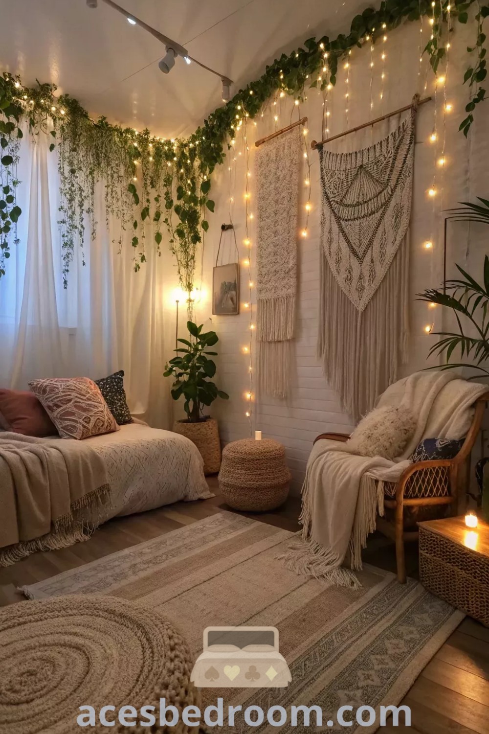 A cozy boho bedroom featuring plants, warm lighting, and rugs on the floor in front of large windows, showcasing unique decor inspirations for a stylish and inviting space. Discover more cozy home ideas and designs at acesbedroom.com.