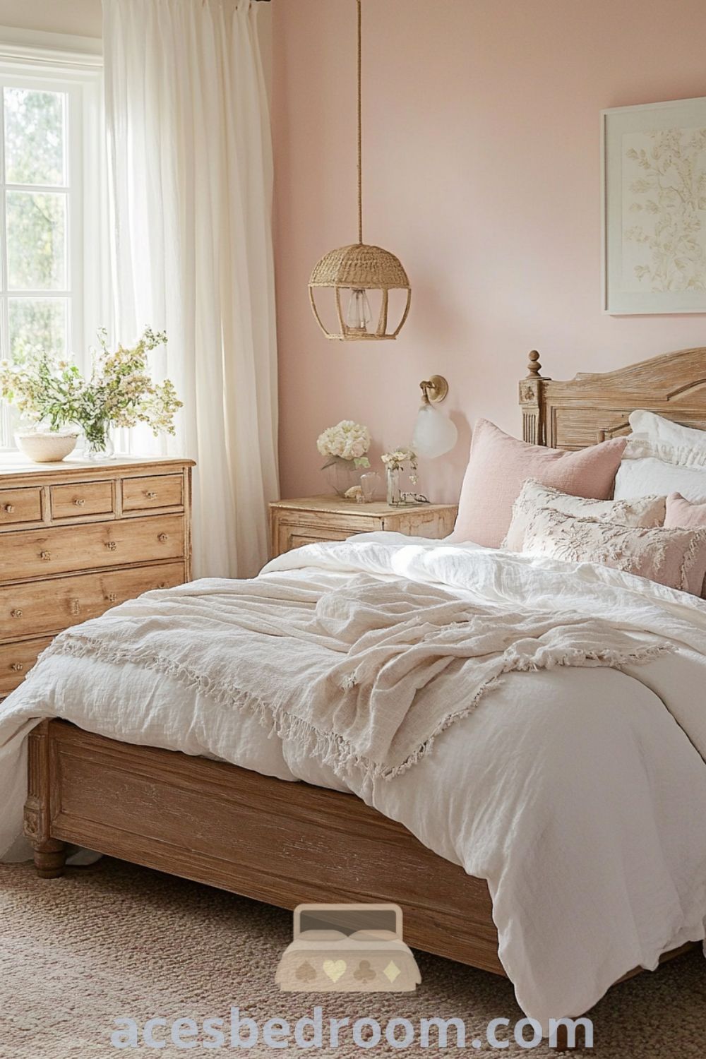 Cozy French country bedroom featuring soft pink walls, a distressed wooden bed frame with a light linen duvet, embroidered pillows, vintage dressers, and a woven rug, enhanced by filtered sunlight and draped curtains, presented on acesbedroom.com.