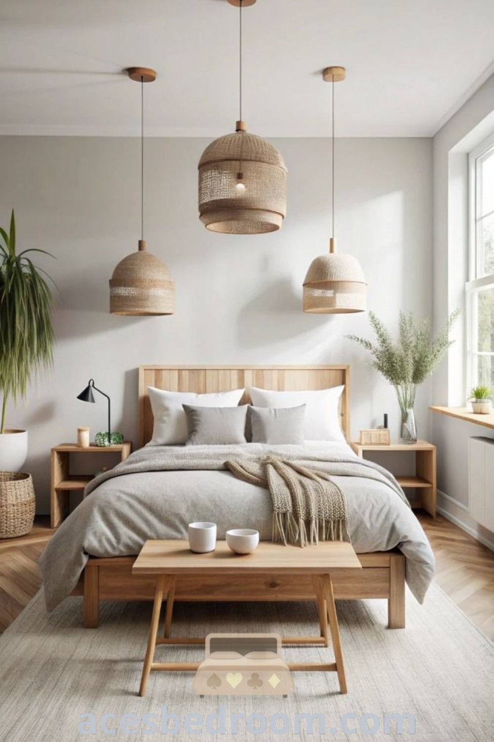 A Scandinavian bedroom showcasing white walls, wooden floors, and two lamps above a cozy bed, embodying a minimalist and inviting aesthetic. This space features decor ideas that align with hygge home inspiration and stylish Nordic bedroom concepts. Discover unique design ideas for a warm and sophisticated look at acesbedroom.com.