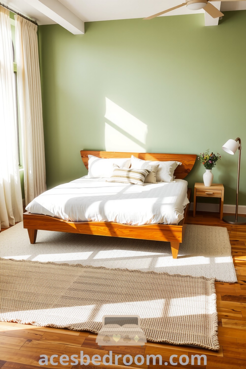 Cozy Japandi bedroom with soft green walls, handcrafted wooden bed, natural linen pillows, minimalistic nightstand with wildflowers, and textured rug. Discover inspiring design ideas for a serene and inviting home at acesbedroom.com.