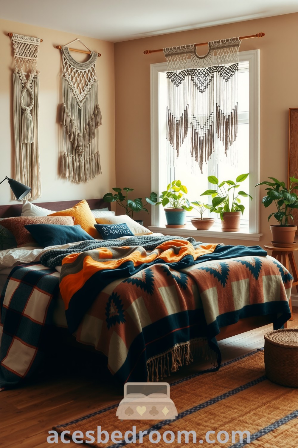 Cozy boho bedroom featuring beige walls, macramé hangings, an unmade bed with layered blankets and colorful throws, potted plants, and a jute rug, creating a serene and inviting atmosphere showcased on acesbedroom.com.