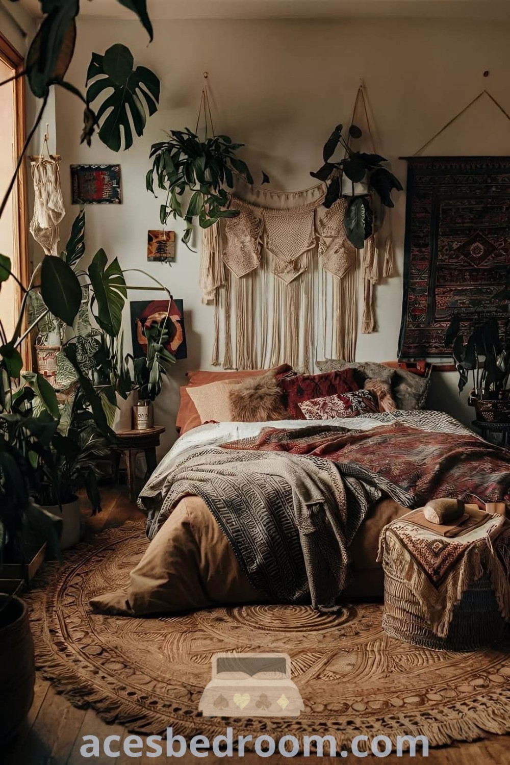 A cozy boho teenage girl bedroom adorned with plants, decorative rugs, and a stylish bedside lamp, showcasing trendy design ideas for a warm and inviting space. Explore more inspiring decor ideas for your home at acesbedroom.com.