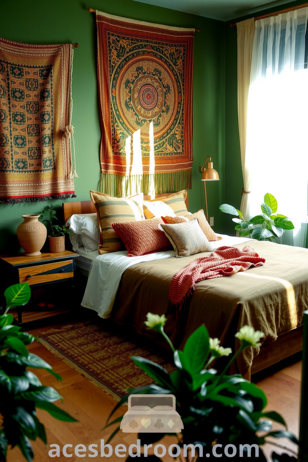 Cozy boho bedroom featuring warm green tones, woven tapestries, a vintage-style bed with patterned throw pillows, potted plants, and soft lighting from an aged ceramic lamp, creating a serene and inviting retreat, showcased on acesbedroom.com.