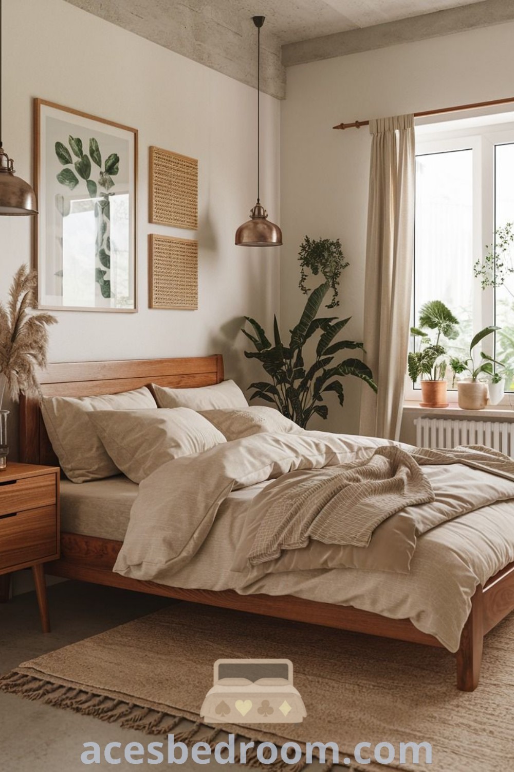 A cozy bedroom featuring a large wood bed next to a window adorned with potted plants, showcasing stylish decor ideas for small master bedrooms and low bed aesthetics. This inspiring setup offers cozy ideas and design tips for creating a warm and sophisticated look in your home. Discover more cozy inspirations at acesbedroom.com.