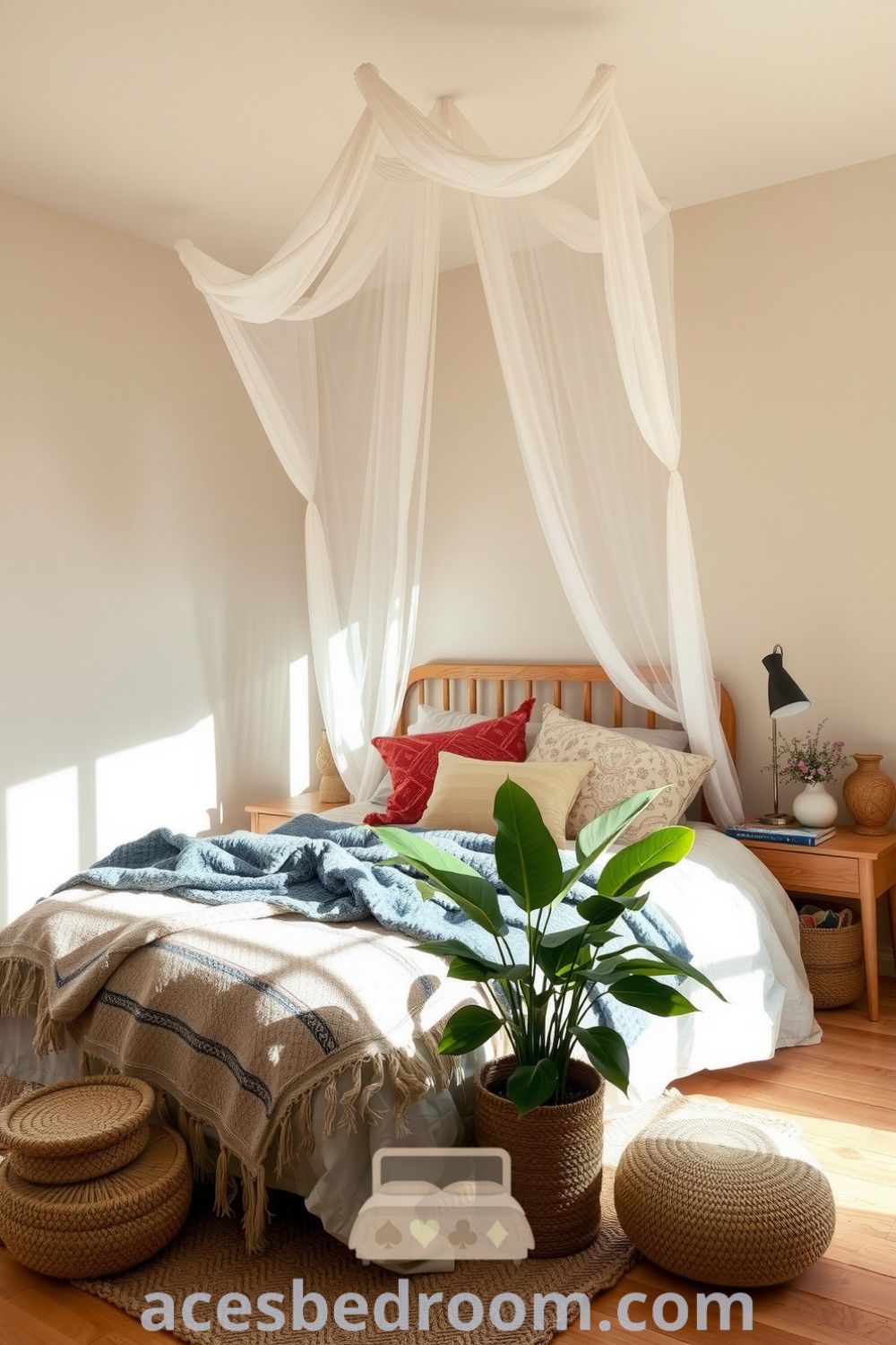 Cozy boho bedroom featuring beige walls, an oversized bed with patterned throws and mismatched pillows, woven baskets, and leafy plants, creating a warm and inviting atmosphere, highlighted on acesbedroom.com.