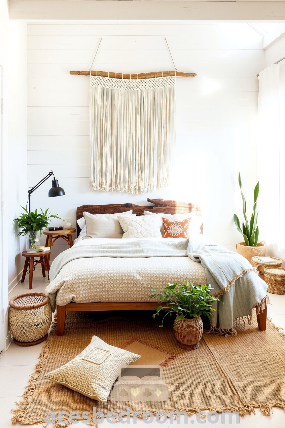 Cozy boho bedroom featuring white-washed walls, driftwood headboard, layered textured linens, earth-toned pillows, jute rug, and plants, creating an inviting and serene atmosphere, showcased on acesbedroom.com.