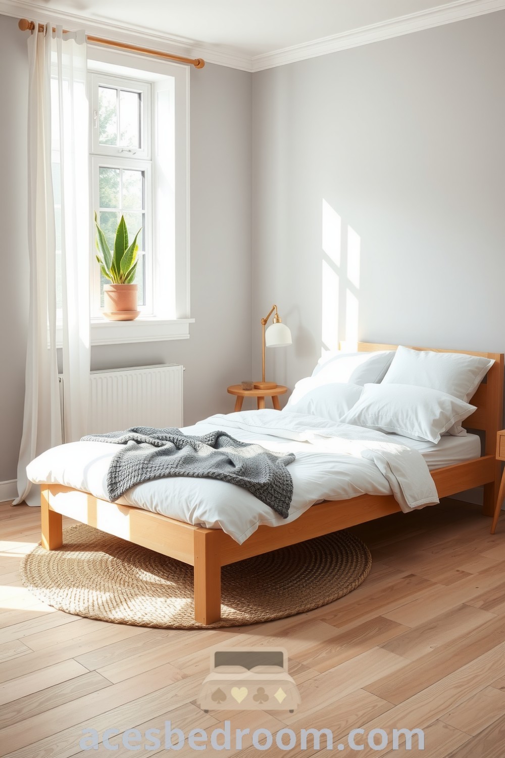 Cozy Scandinavian bedroom featuring pale wooden floors, light gray walls, a simple ash bed frame with white linen bedding, a knitted throw, and a jute rug, enhanced by natural light and potted greenery for an inviting atmosphere, showcased on acesbedroom.com.