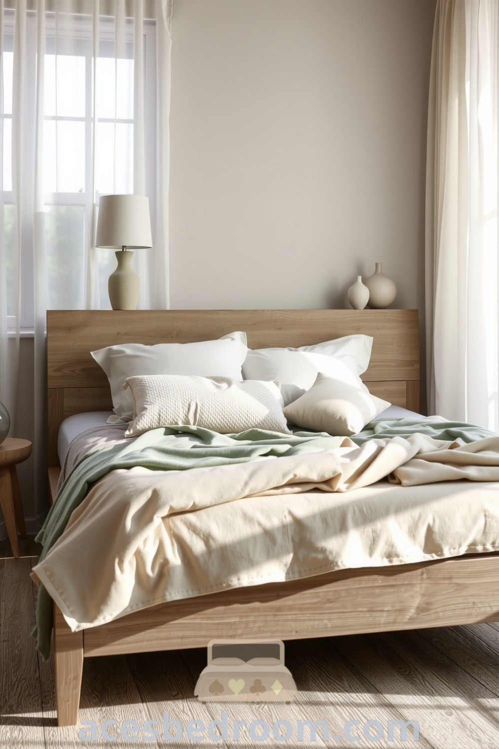 Cozy Japandi bedroom with a grey-toned wooden bed frame, soft muted textiles, a hand-crafted side table, and a minimalist ceramic lamp, illuminated by dappled sunlight through sheer curtains, creating a serene atmosphere, showcased on acesbedroom.com.