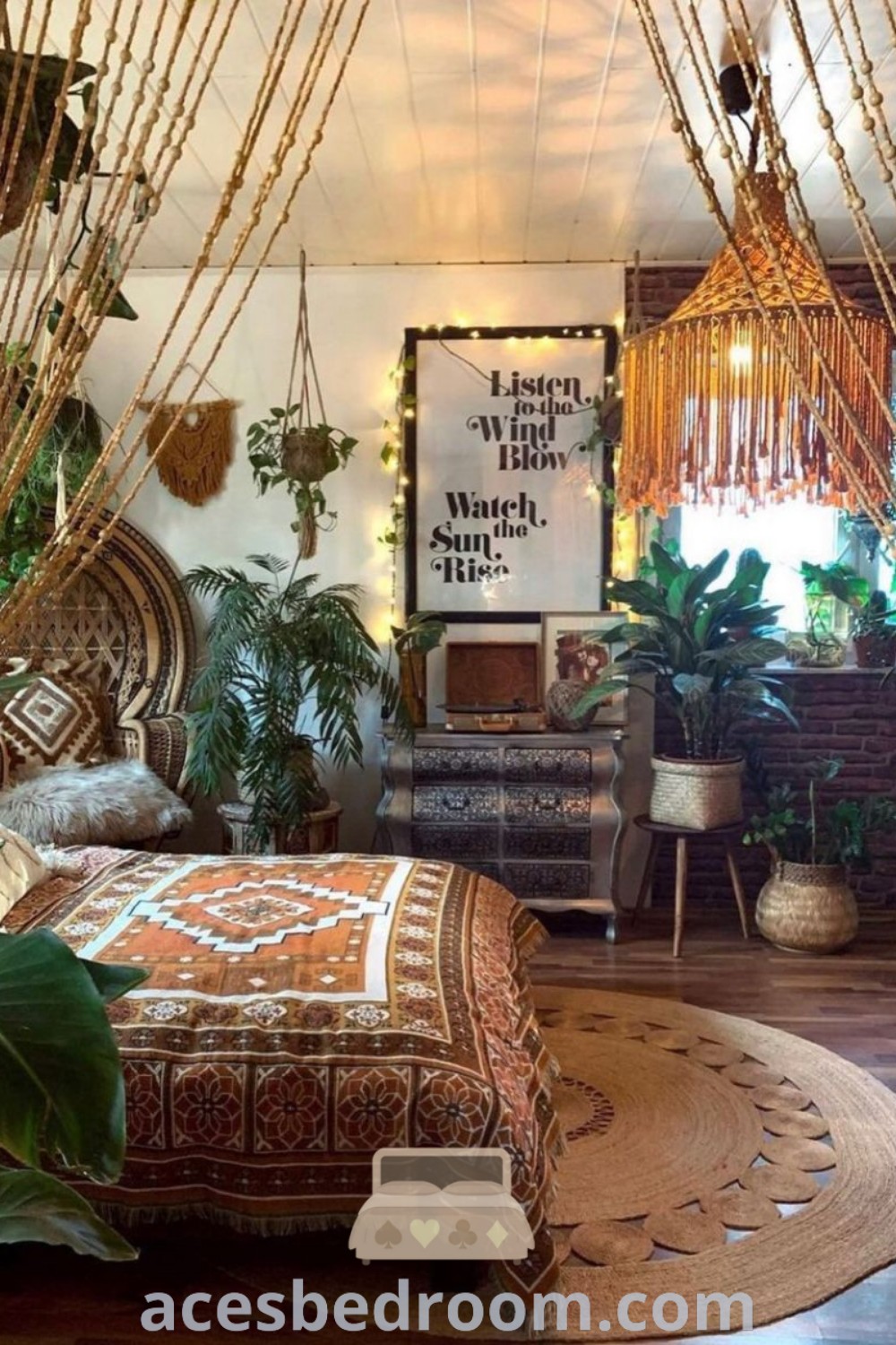A cozy bohemian bedroom filled with plants and hanging decorations, creating an inviting atmosphere for relaxation. This stylish room offers unique decor ideas and inspirations, perfect for achieving your home goals. Discover more about boho living at acesbedroom.com.