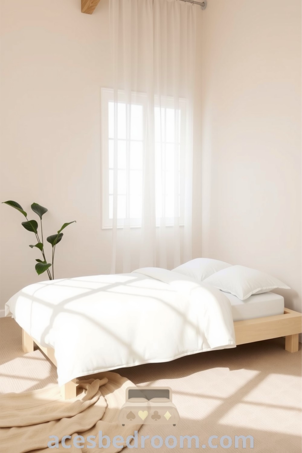 Cozy minimalist bedroom featuring a beige palette, a pale wood platform bed with white linens, a potted plant, and sheer curtains allowing natural light, designed for a warm and sophisticated look, shown on acesbedroom.com.