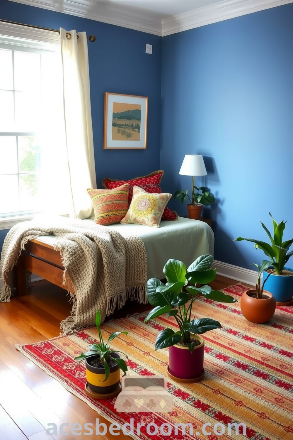 Cozy boho bedroom featuring calming blue tones, a weathered wooden bed with a chunky knit blanket, vibrant patterned pillows, and thriving plants, creating an inviting and unique decor inspiration, showcased on acesbedroom.com.