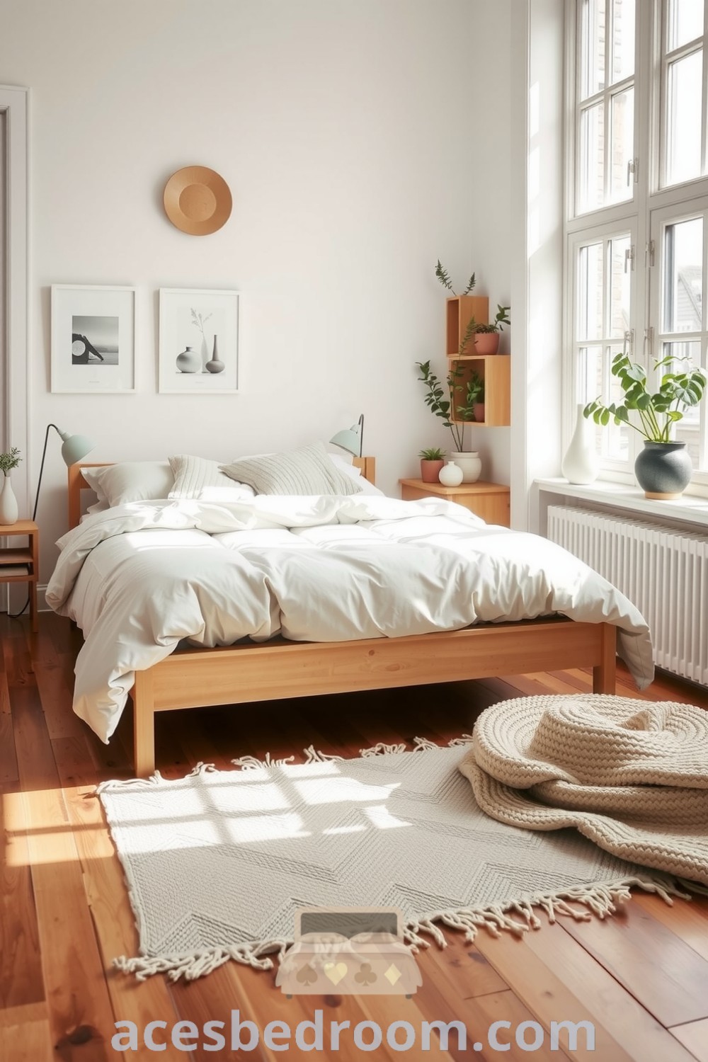 Cozy Scandinavian bedroom with soft whites, muted greys, and warm wooden accents, featuring a light wood bed frame, plush duvet, potted plants, and a cozy knit throw, perfect for a warm and sophisticated look, showcased on acesbedroom.com.