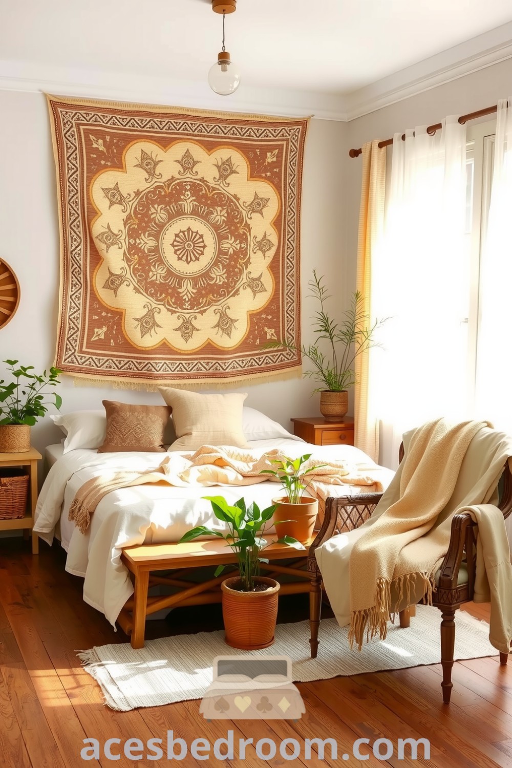 Cozy boho bedroom with warm beige hues, handwoven tapestry, soft linen bedding, potted plants, and rustic furniture, creating an inviting and tranquil atmosphere for a warm and sophisticated look, showcased on acesbedroom.com.