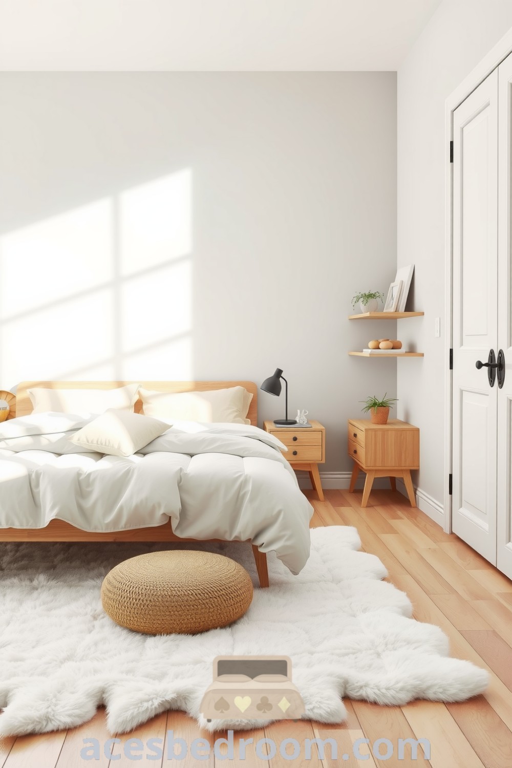 Cozy Scandinavian bedroom featuring soft dove gray walls, a minimalist pale oak bed with a cream duvet, functional wooden furniture, and plants for a lively touch, complemented by a fluffy white rug, presented on acesbedroom.com.