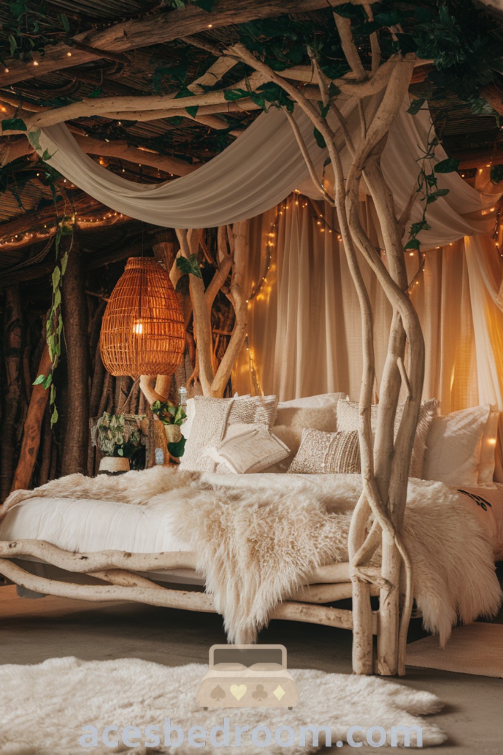 A cozy earth-themed bedroom featuring a bed with white sheets and wicker furniture, illuminated by gentle lights and soft curtains, creating an inviting atmosphere. This forest aesthetic room offers unique decor ideas that inspire a warm and sophisticated look, perfect for tranquility. Explore more design inspirations at acesbedroom.com.