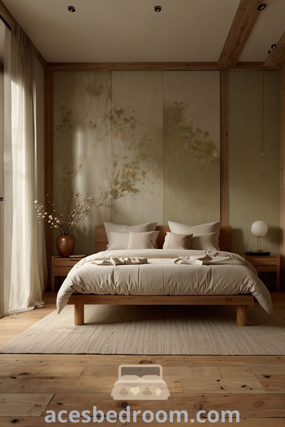 A minimalist Japandi bedroom featuring a large bed next to a sliding glass door, light wood flooring, and earthy luxury tones. This cozy design offers ideas for an inspiring and tranquil space, showcasing decor inspirations from acesbedroom.com.