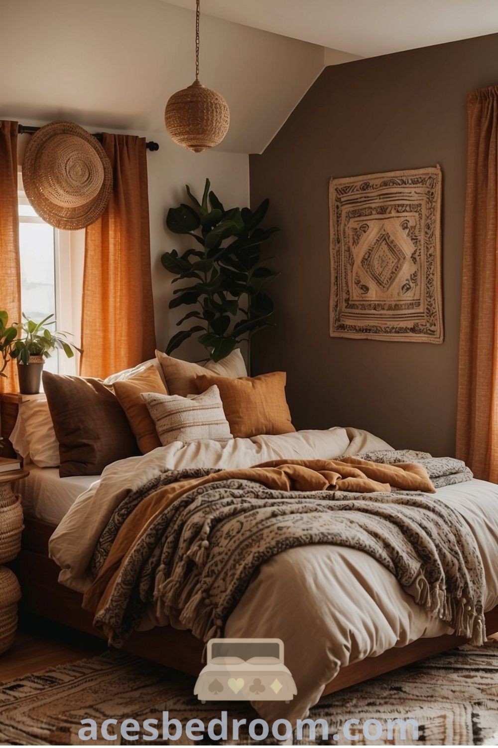 A cozy bohemian bedroom with a large bed beside two windows adorned with orange drapes, showcasing peaceful decor ideas and inspirations for couples. This room combines stylish elements and earthy tones for a warm aesthetic, offering timeless design ideas. Find more inspirations at acesbedroom.com.