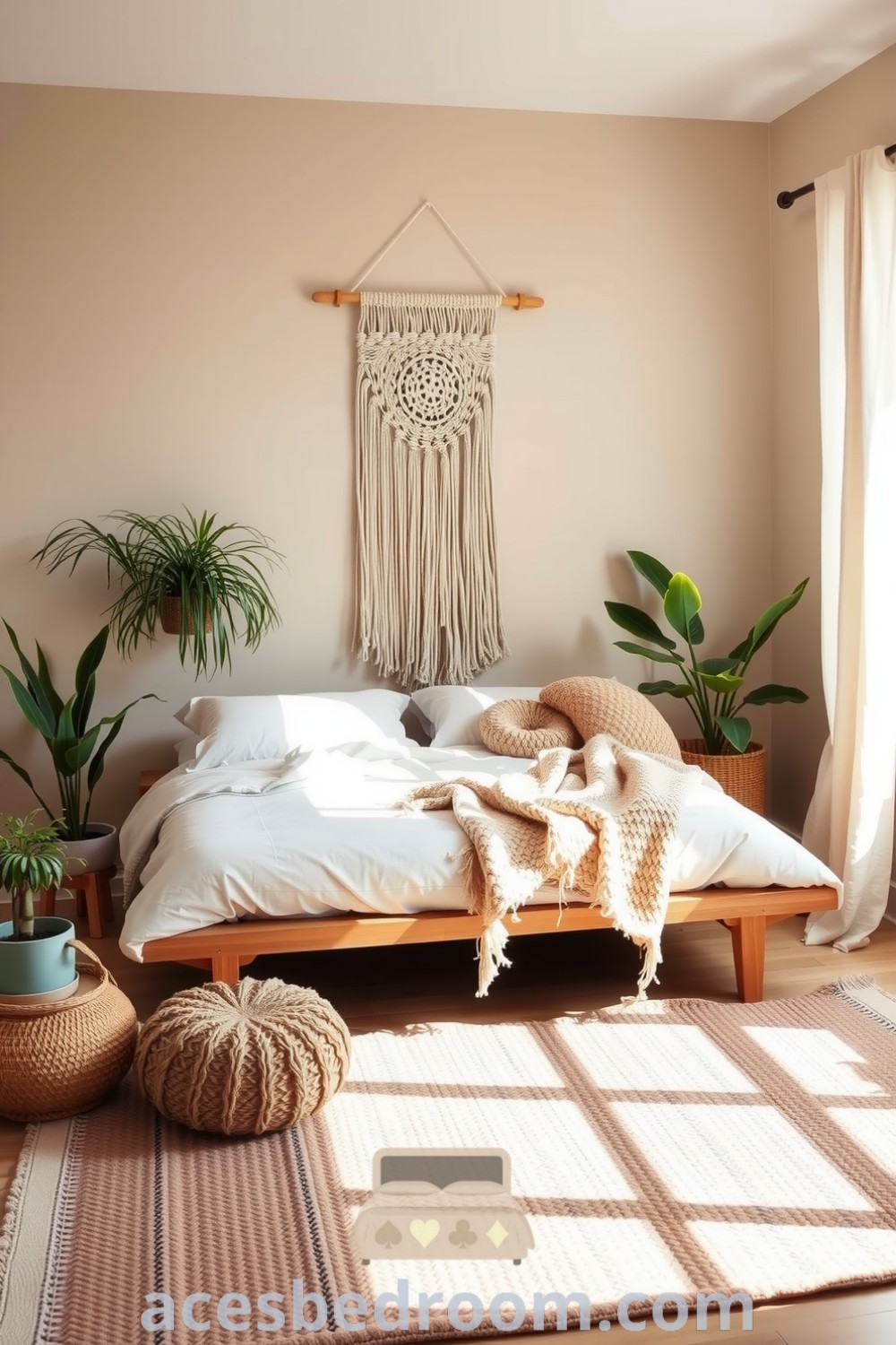Cozy boho bedroom with beige walls, a macramé wall hanging, an oversized knit throw on a low wooden bed, potted plants, and linen curtains allowing gentle sunlight, presenting tranquil decor ideas for your home, featured on acesbedroom.com.