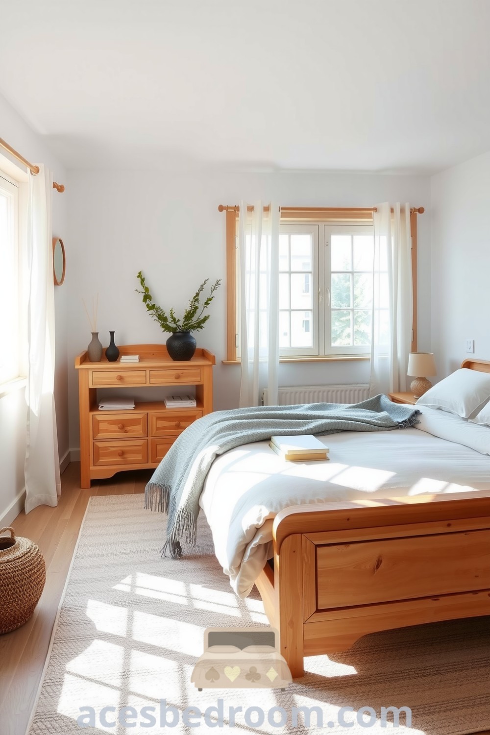 Cozy Scandinavian bedroom featuring light pine wood furniture, a neatly made white bed with a gray woolen blanket, natural fiber area rug, large windows with sheer white curtains, and decorative potted plants and handmade pottery for a peaceful and inviting atmosphere, displayed on acesbedroom.com.
