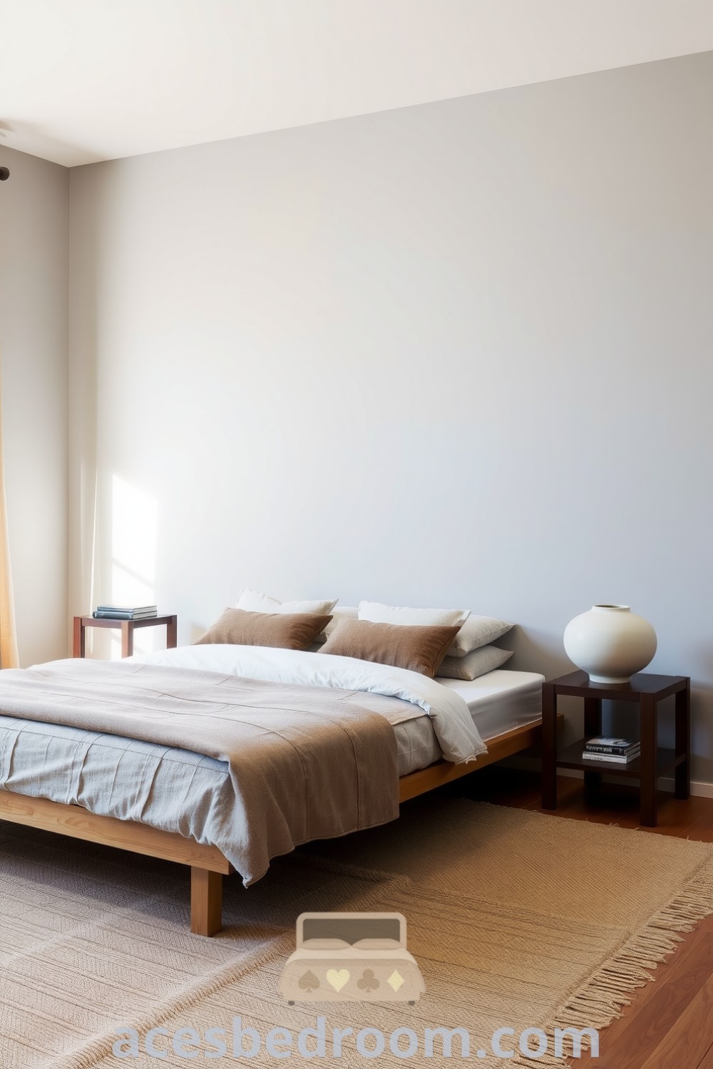 Cozy Japandi bedroom with soft grey walls, a low light oak bed, plush cushions, elegant dark wood side tables, and hand-thrown ceramic lamps, featuring a natural fiber rug and sheer linen curtains that enhance its serene ambiance, showcased on acesbedroom.com.