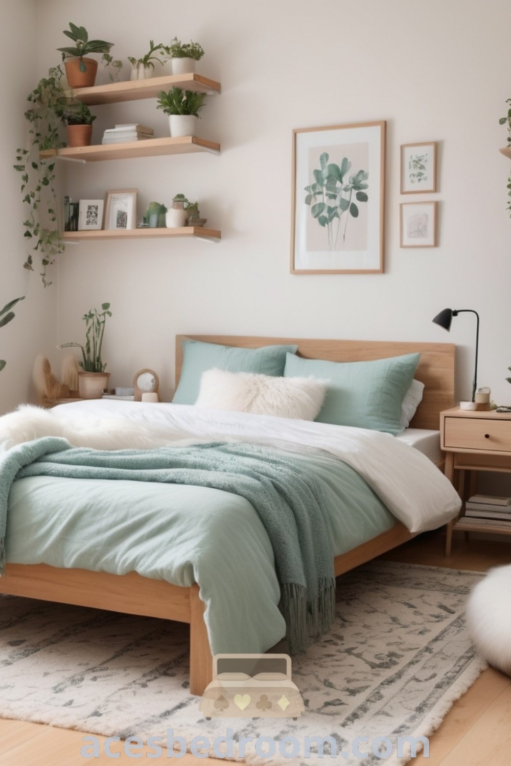 A cozy minimalist bedroom with a neatly made bed and potted plants, showcasing design ideas for small spaces. This inspiring decor blends wood furniture and pastel colors, offering stylish room ideas that create a warm and sophisticated look. Find more inspirations at acesbedroom.com.