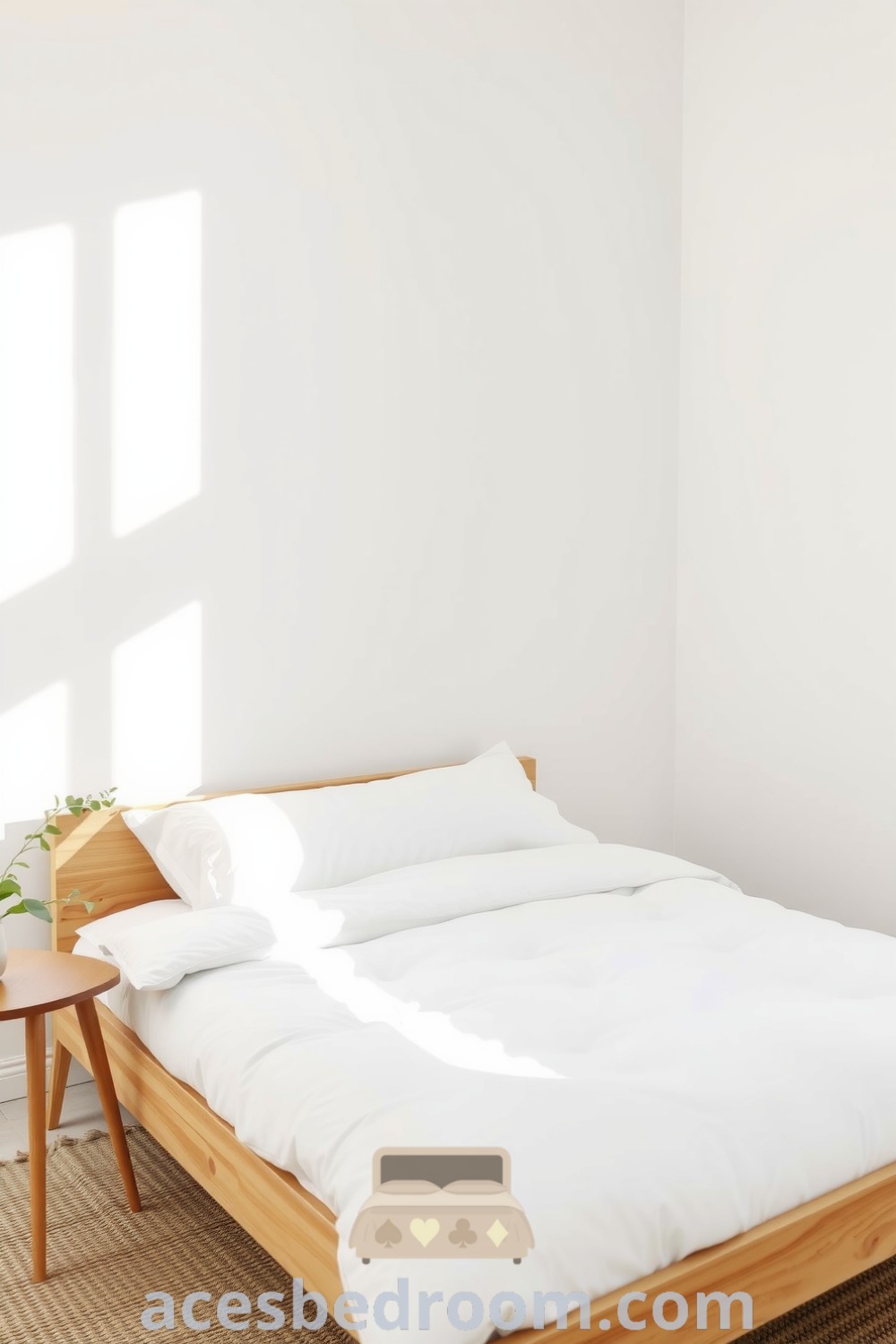 Cozy minimalist bedroom featuring crisp white walls, a sleek wooden bed frame, a delicate plant on a nightstand, and a soft beige woven rug, designed for a warm and sophisticated look, highlighted with cozy decor ideas, showcased on acesbedroom.com.
