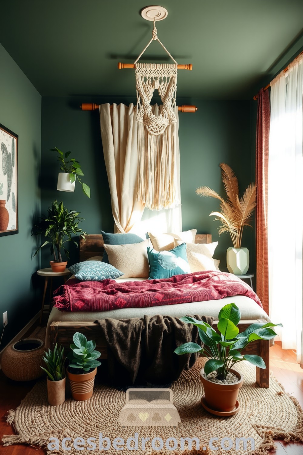 Cozy boho bedroom featuring rich greens, patterned throws, macramé wall hanging, potted plants, and jute rug for a relaxed and inviting ambiance, presented on acesbedroom.com.