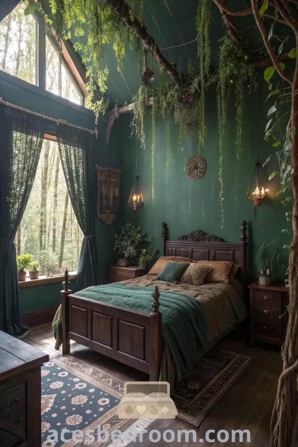 A beautifully designed Fairy Cottage Aesthetic bedroom featuring a neatly made bed and abundant greenery on the walls, showcasing wooden elements that enhance the Forest Core decor style. This cozy space embodies trends in Forest Inspired Home Decor, perfect for inspiring a warm and sophisticated look. Discover unique ideas for your home at acesbedroom.com.