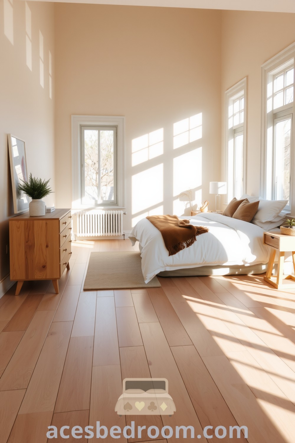 Cozy Scandinavian bedroom featuring light wood flooring, beige walls, plush white linens, earth-toned pillows, a weathered wooden dresser with potted plants, and large windows for natural light, showcased on acesbedroom.com.