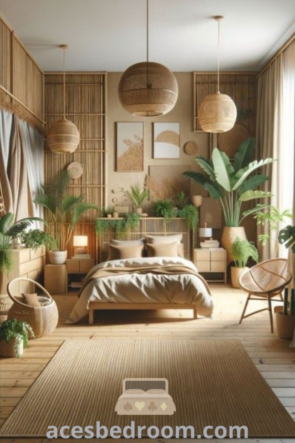 A cozy bedroom adorned with various plants, showcasing a bamboo headboard, rattan style decor elements, and a Bali room design for a tranquil and inspiring atmosphere. Discover these stylish bamboo decor bedroom ideas at acesbedroom.com.