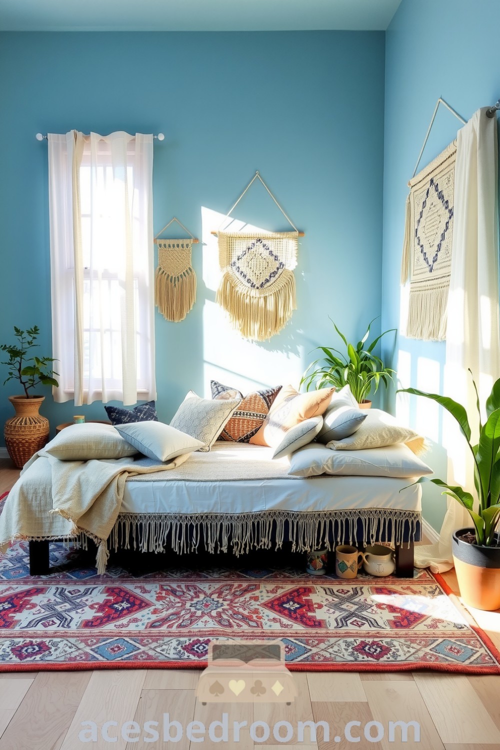 Cozy boho bedroom design featuring a low-profile bed adorned with mismatched pillows and a faded quilt, complemented by macrame hangings, an intricately patterned rug, and potted plants, creating a fresh and inviting atmosphere, showcased on acesbedroom.com.
