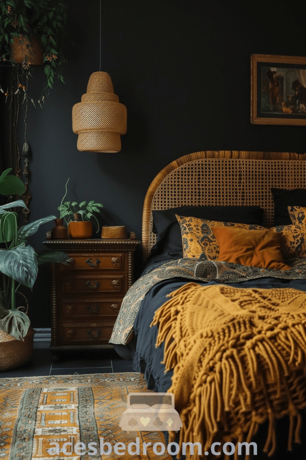 A dark boho bedroom featuring white walls, meticulously made bedding in gold tones, and plants that add a vibrant touch. This inspiring space illustrates dark garden bedroom design ideas from acesbedroom.com, showcasing cozy decor and mid-century modern aesthetics that promote a warm and sophisticated look.