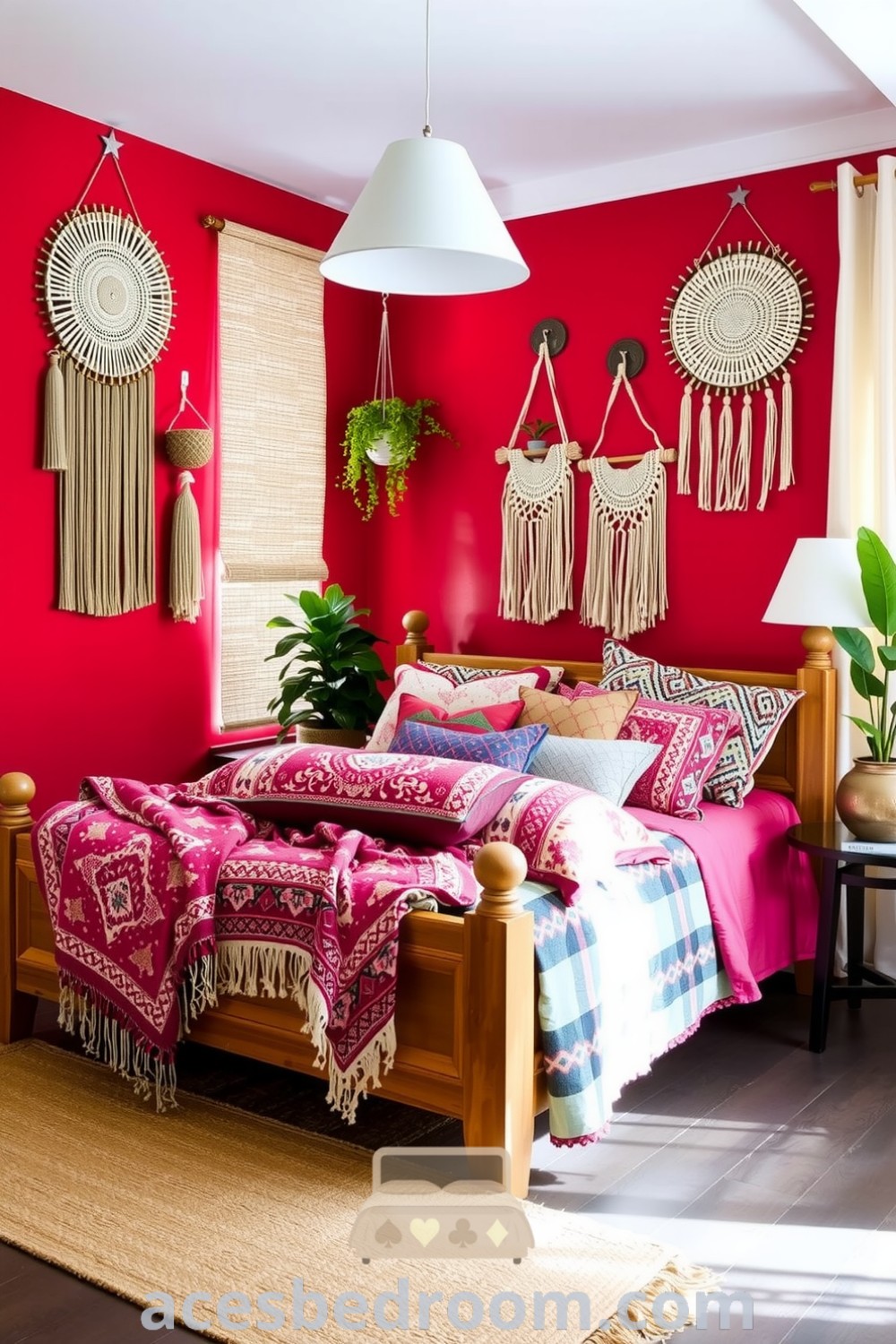 Cozy Boho bedroom featuring a rich red accent wall, distressed wooden bed frame with colorful throws and pillows, woven wall hangings, hanging plants, and a jute rug, providing warm and inviting decor ideas for your home, showcased on acesbedroom.com.