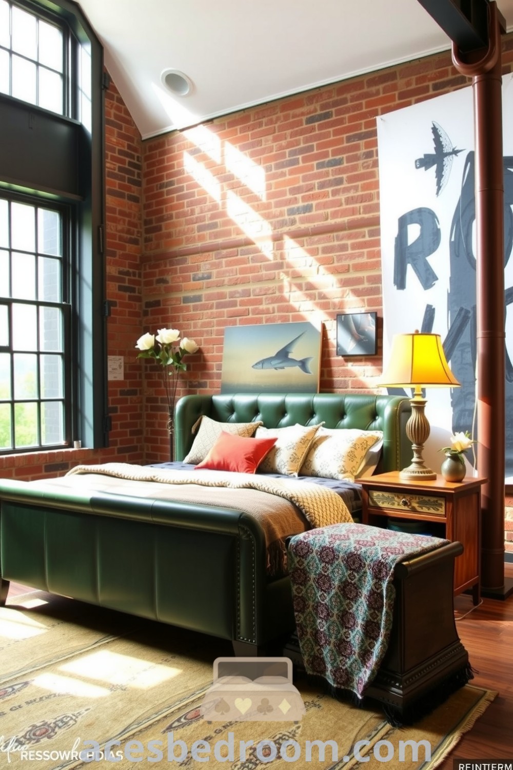 Cozy industrial bedroom featuring exposed brick walls, large steel-framed windows, a green leather bed frame layered with textured cushions, a distressed wooden nightstand with an antique lamp, and large abstract art pieces for a warm and sophisticated look, showcased on acesbedroom.com.