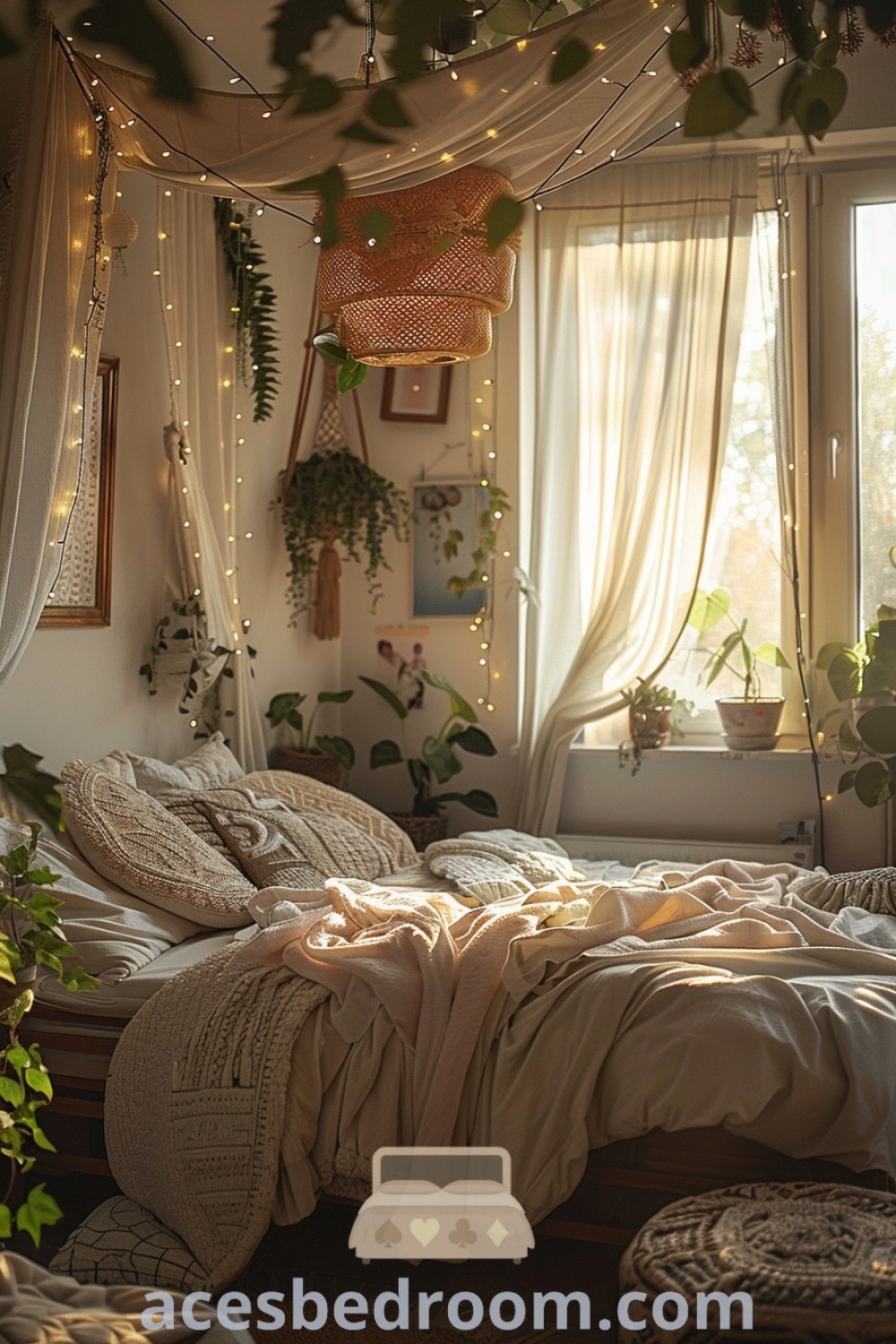 An inviting boho bedroom with an unmade bed, plants on the window sill, and hanging lights, showcasing cozy design ideas and decor inspirations for a warm and sophisticated look. Find your perfect style at acesbedroom.com.