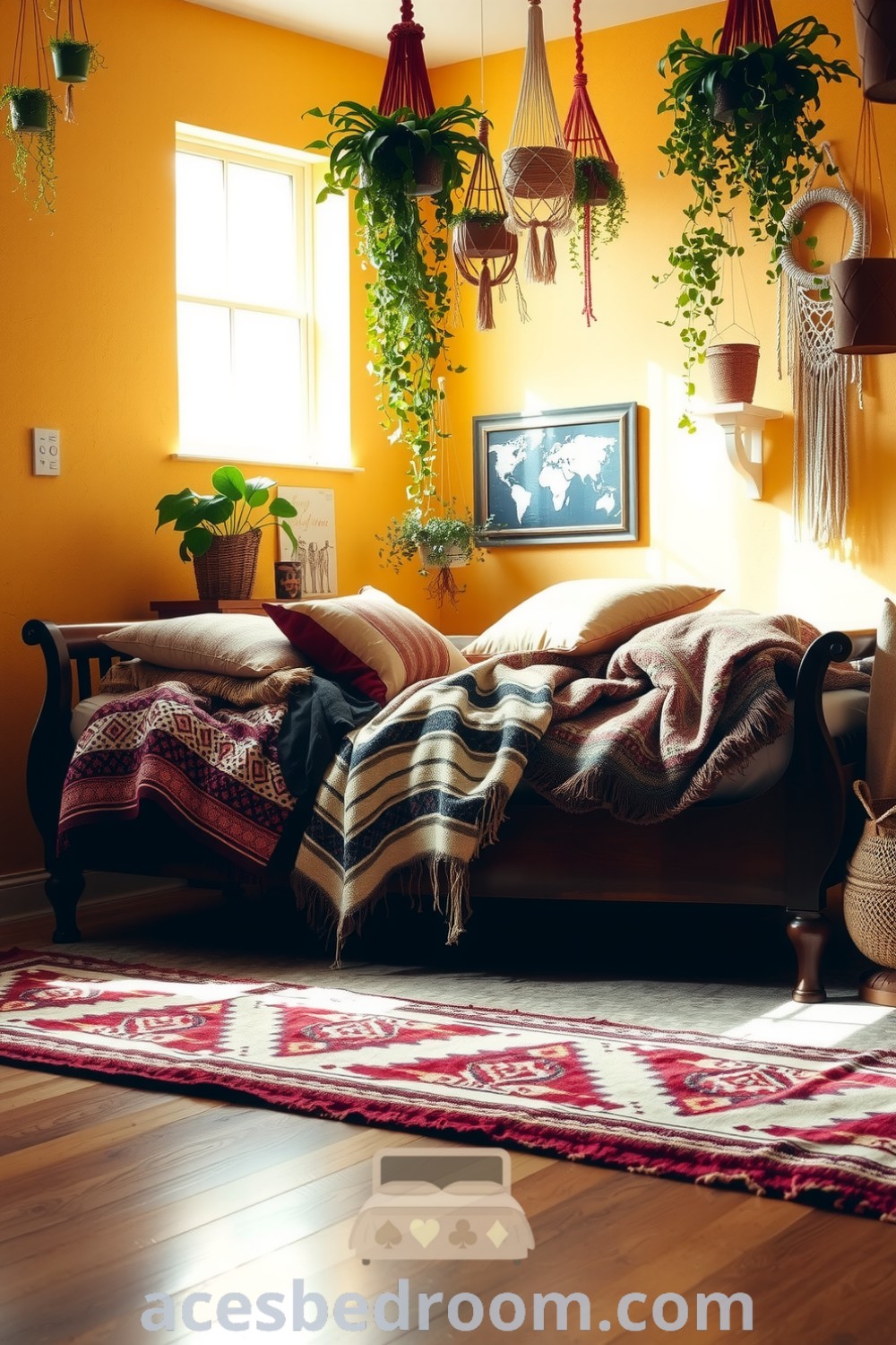 Cozy boho bedroom featuring textured yellow walls, vintage wooden bed with soft throws and earthy pillows, hanging plants, and macramé wall hangings for a warm and inviting atmosphere, showcased on acesbedroom.com.