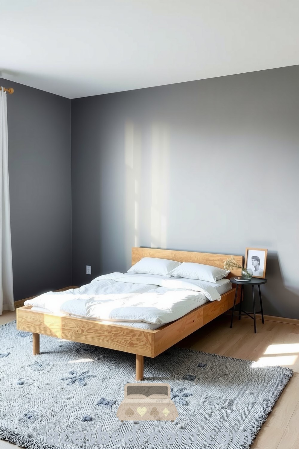 Cozy minimalist bedroom featuring soft grey walls, a low-profile wooden bed frame, a white duvet, and a handcrafted ceramic vase with wildflowers, accented by a plush grey rug, perfect for creating a tranquil and inspiring decor, as seen on acesbedroom.com.
