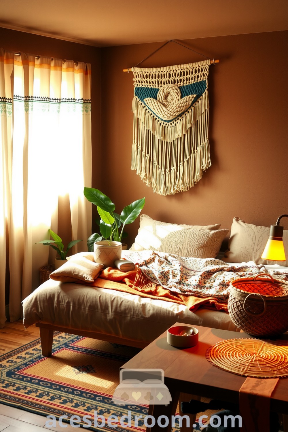 Cozy boho bedroom featuring earthy brown tones, eclectic textures, handmade macramé wall hanging, layered textiles, potted plants in woven baskets, and a softly glowing bedside lamp, showcased on acesbedroom.com.
