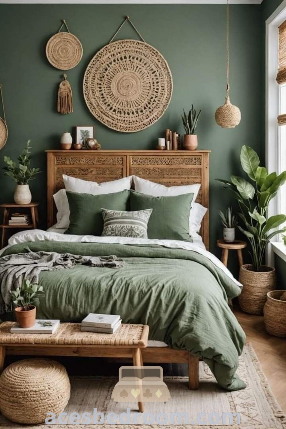 A cozy bedroom with green sheets and pillows on a bed next to potted plants on the wall, showcasing boho beachy decor and inspiring small bedroom decoration ideas. Discover unique designs and decor inspirations to enhance your cozy home at acesbedroom.com.
