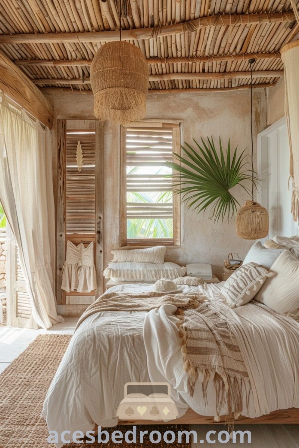 A stylish beige bedroom with a neatly made bed and a plant on the wall, showcasing a cozy beachy apartment aesthetic. This space combines Hawaii bedroom aesthetics and tropical decor ideas for a warm and inspiring look. Discover more design ideas at acesbedroom.com.