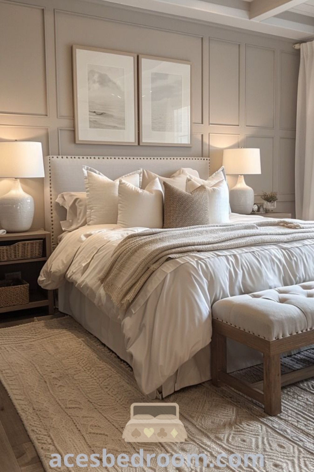 A luxurious master bedroom featuring a large white bed with elegant lamps, embodying cozy ideas and design inspirations for a stylish and inviting space. Perfect for a cozy home atmosphere, this decor offers unique ideas for a warm and sophisticated look. Explore more inspirations at acesbedroom.com.